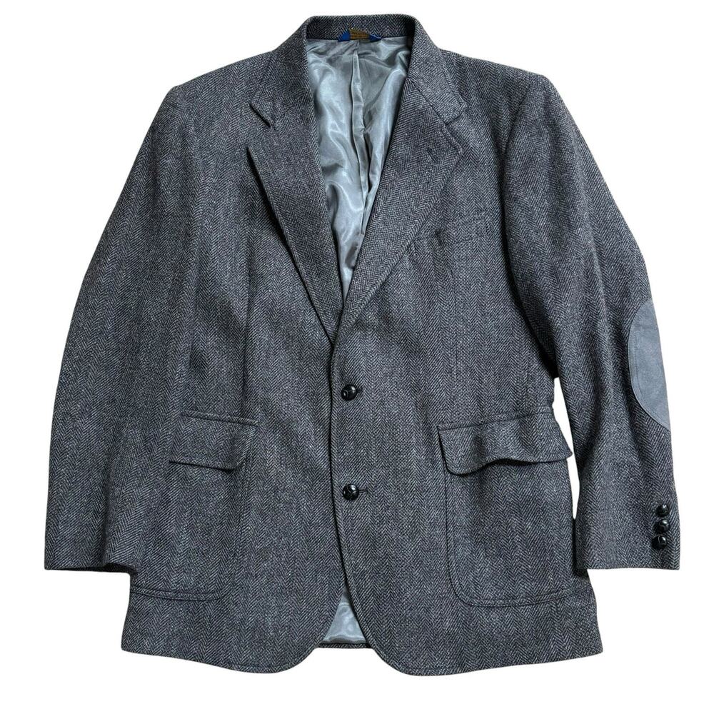 VTG Pendleton Sport Coat Jacket Mens 42L Gray Herringbone Tweed Wool Elbow Patch